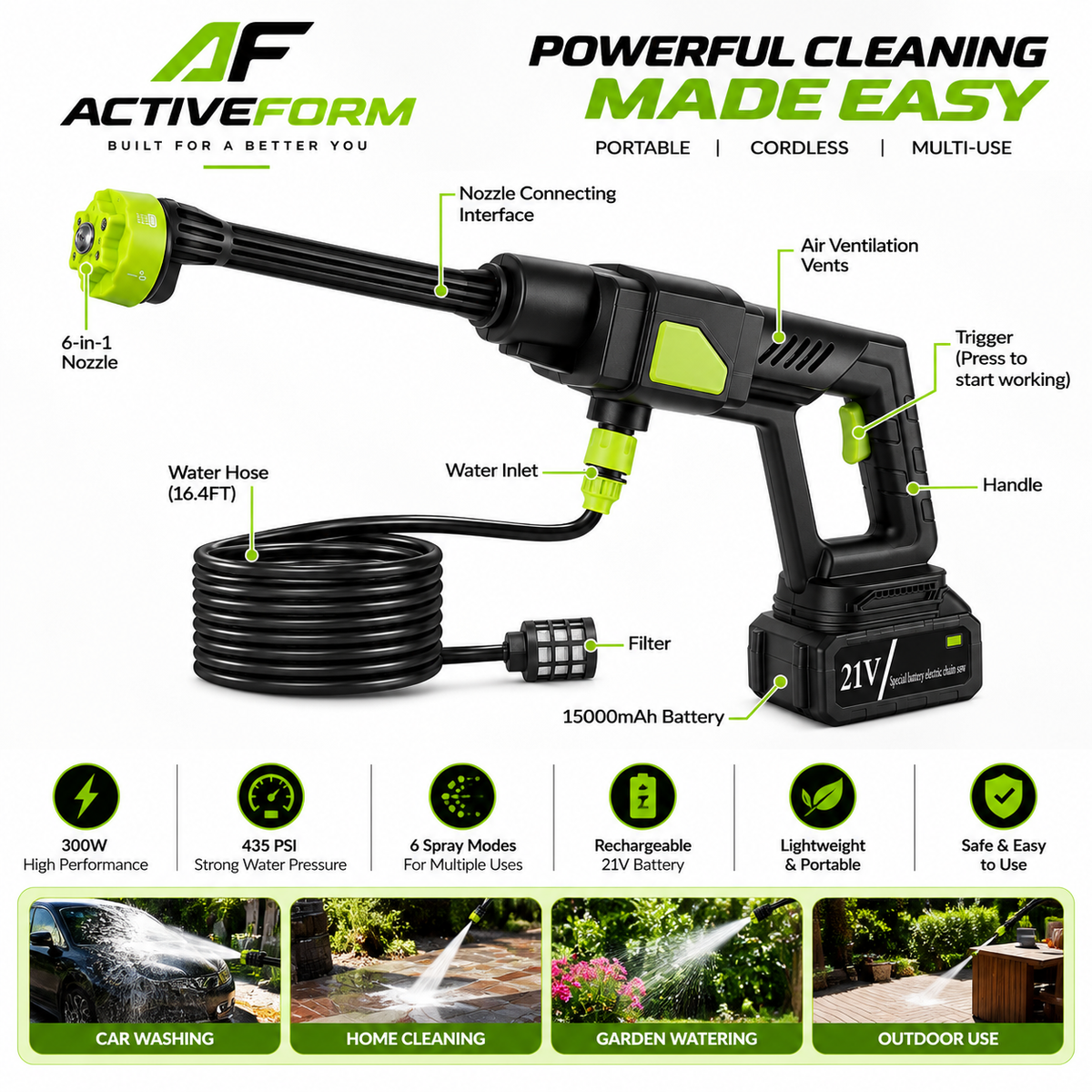 6-in-1 Cordless Power Washer – 300W, 435 PSI with 15000mAh Battery